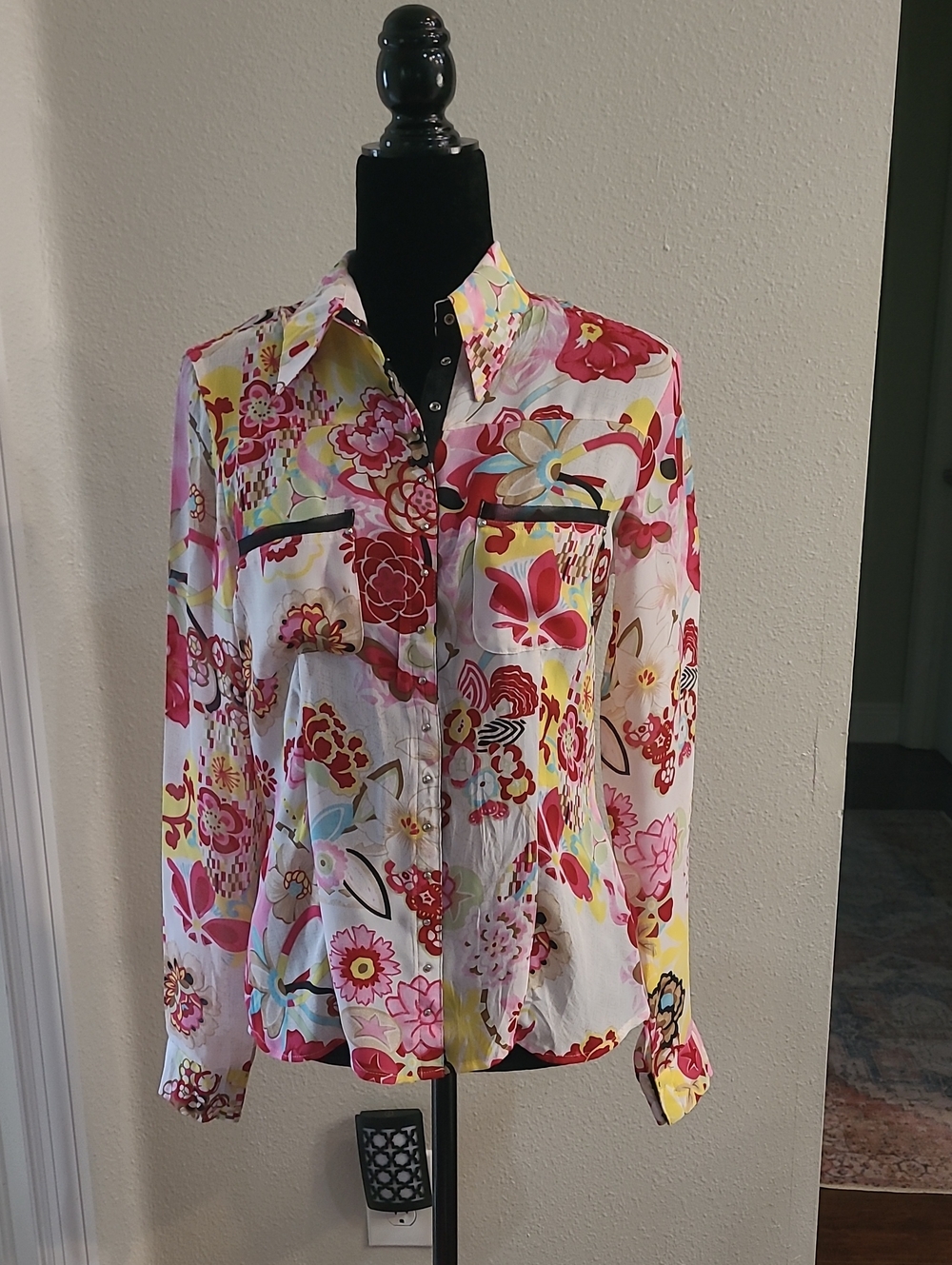 Le Caviar Y2k Vintage Floral Button-Up Shirt Semi Sheer Pink Multi Small